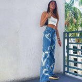 X00923M 2021 New style High-waisted slimming love graffiti print straight tube casual street style jeans in stock