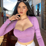 X01114M Hot style Sexy long sleeve crop tops Casual solid color T-shirt V-neck women's tops in stock