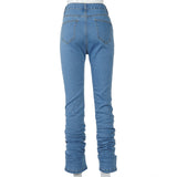 X01757C Ruched Denim Blue High Wait Stacked Pants Autumn 2021 Women Clothing Streetwear Jeans Fashion Skinny Pockets Trousers