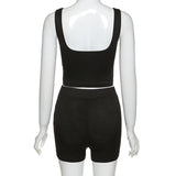 X01256C women fitness tracksuit low-neck sleeveless tank top biker shorts set solid elastic high 2 piece set casual sporty