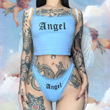 angel print lace spaghetti strap woman crop top underwear two piece sets leisure beach vacation sexy outfit mujer