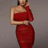 Pleated sexy one shoulder maxi dress Women irregular bodycon split long party dress Elegant backless club dress ladies