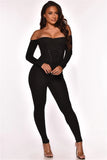 Autumn and winter open-shouldered corns with strapping and threaded jumpsuits slim long sleeve jumpsuit