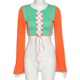 X01281C hollow out green orange striped patchwork flare long sleeve crop top drawstring sporty workout casual streetwear outfits