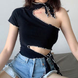 X00385M New women's irregular hollowed-out sexy tops strapless lace T-shirt street snap top