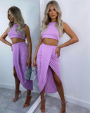 X00439M Fashionable and sexy Two - piece dress with pleated slit and tank top in plain color suit