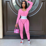 Sporty Active Wear Rompers Womens Jumpsuit Patchwork Ribbed Letter Print Long Sleeve Workout Bodycon Overalls One Piece