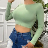 X00404S 2021 Solid color round neck long sleeves crop navel cross tie sexy backless slim top