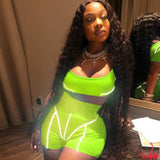 Neon green reflective stripe patchwork Crop Top biker shorts 2 piece set women tracksuit sets summer casual