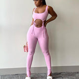 X01122C Bandage Fitness Fashion Women Matching Sets Sleeveless Solid Sporty Workout Two Piece Outfits Skinny Top And Pants Set