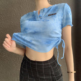 X00380S 2021 new summer women's dress tie-dye thread small embroidery pleated drawstring short sleeve T-shirt