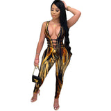 Phoenix Sexy hollowed-out slim V-neck jumpsuit Women's sleeveless casual jumpsuit sexy nightclub outfit