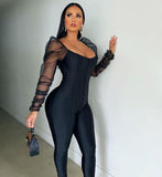 threaded jumpsuits slim long sleeve jumpsuit Bubble shoulder sleeve mesh patchwork jumpsuit