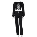 2020 new autumn/winter style fashion hollow-out lace-up long-sleeved blouse slimming body casual trouser suit