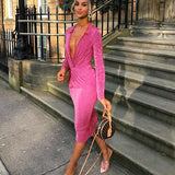 Elegant Fashion Pink Women's Midi Dresses Bodycon Party Club Outfits Long Sleeve Fall Ruched Wrap Dress Clothes