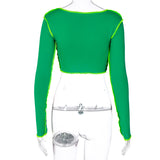 X00800M New style hollowed-out long-sleeved T-shirt tops sexy women tops bodycon green casual tops hot