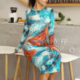 Fashion sexy dress 2020 autumn new round neck long sleeve skirt Blue print dresses