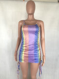 Hot sale contrast color lady dresses sexy low cut & bare shoulders braces skirt colorful drawstring tight mini dress