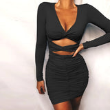 sexy skirt Fashion New long-sleeved dress Autumn hollowed-out long-sleeved V-neck dress