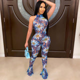 Sexy hollowed-out back sleeveless jumpsuits neck hanging print one-piece fashion pencil pants