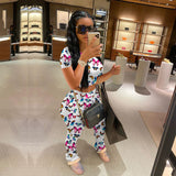 X00521L Phoenix New arrival sport women two-piece set+Tie-dyed butterfly short sleeve pantsuit