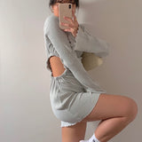 Autumn Draped Flare Sleeve Cut-Out Mini Dresses Knitting Round Neck Ruched Dress Skinny Chic Casual Streetwear