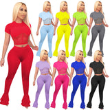 X00284M Wholesale Hot style women's Gauze patchwork bell-bottomed pants sports suit 9-colors crop tops and trousers