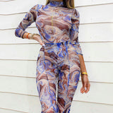 X00755L Fashion marbled foot slit pants sexy long sleeve round neck onesie sexy women two-piece sets