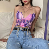 X01376C summer sexy low cut Graphics tees tassel crop tops women camisole 2021 casual club street wear tank top sweet vest