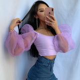 X00822C Sexy Mesh See Through Perspective Lantern Long Sleeve Crop Tops Women Backless Patchwork Slim U-Neck T-Shirt