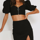 X00163S 2021 spring New women's fashion sexy hip wrap skirt slim bubble sleeve cardigan two-piece set