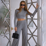 X02019C wide leg pant and crop top two piece set long sleeve autumn solid casual elegant turtleneck minimalist classic outfit