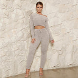 X01095M Casual long sleeve crop navel tops trousers two piece set Solid color woollen knitted suit in stock