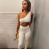 one shoulder sexy jumpsuit women bodycon hollow out sporty elastic fitness skinny activewear fashion streetwear outfits