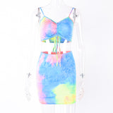 Hot Tie-dye Printed Sexy Two Piece Set Spaghetti Strap Sleeveless Crop Top And Short Skirts Tracksuit Mini