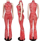 X00276L New arrival women two-piece set+Sexy net print bell-bottom pants two-piece set