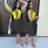 X00132L European and American sexy tight band hollow-out two-piece set sleeveless top and mid pants casual streetwear suits