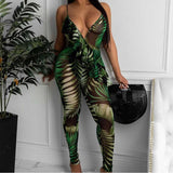 Hot style leaf print lady jumpsuits casual gallus bear shoulders low cut top & tight pants sexy & club fashion suits