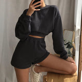 X00451M women new pure color loose waist slimming long sleeve T-shirt shorts casual suit