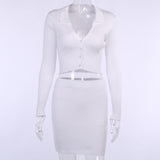 X01378C Knitting Ribbed Fashion Women Two Piece Sets long Sleeve Casual Bodycon Outfits Button Crop Top And Skirt Set