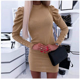 buttock sexy autumn dress Temperament-slim knit hip-hugging skirt with round neck and long sleeves