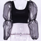 X00822C Sexy Mesh See Through Perspective Lantern Long Sleeve Crop Tops Women Backless Patchwork Slim U-Neck T-Shirt