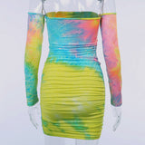 2020 Autumn New tie-dye sexy women dress+Pleated skirt with long sleeves and shoulders