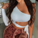 X01073C Solid Sexy Backless One Shoulder Crop Tops for Women Fashion New Summer Cut-Out Cropped Feminino Tops Streetwear