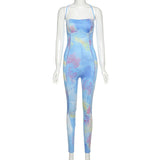 Phoenix Flora Print Tie Dry Sexy Women Jumpsuit Sleeveless Backless Skinny outfits One Piece Fashion Summer Hot Party