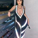 v-neck sexy sleeveless women jumpsuits reflective striped patchwork active wear stretchy sporty fashion