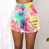 X00495M Women's new fashion casual pants Sexy cut hollowed-out buttons tie-dye printed denim shorts