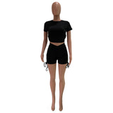 X01311C women 2 piece outfit short sleeve drawstring backless crop top biker shorts matching set fitness sporty streetwear