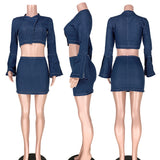 X00269L New arrival women two-piece set+ flared sleeve zipper and sexy buttonsTwo-piece denim skirt