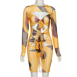 Phoenix Fashion sexy print long sleeve dress+Sexy hollow-out see-through mesh slim printed dress